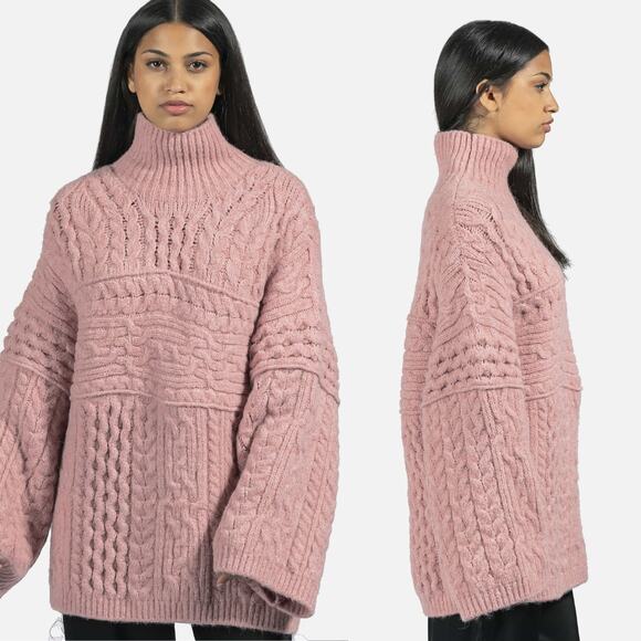Nanushka Raw Cable-Knit Chunky Oversized Turtleneck Sweater in Pink - Picture 2 of 7